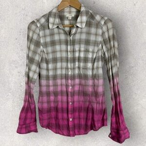 Nordstrom Caslon Ombre Plaid Button Down Shirt Size XS Pink Grey Dip Dye Collar‎